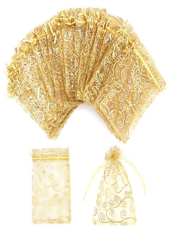 Staruby Organza Gift Bags 100Pcs Gold Sheer Organza Bag 4x6 Inch Mesh Favor Bags Drawstring Jewelry Rattan Printed Gift Pouches for Wedding Party Favors Couple Shower Christmas Gifts Candy Bags - Image 1